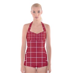 Red Plaid Boyleg Halter Swimsuit  by goljakoff