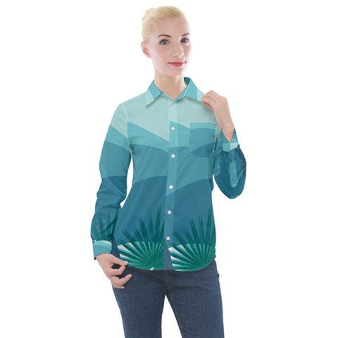 Illustration Of Palm Leaves Waves Mountain Hills Women s Long Sleeve Pocket Shirt by HermanTelo