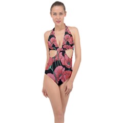 Red Flowers Halter Front Plunge Swimsuit by goljakoff