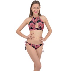 Red Flowers Cross Front Halter Bikini Set by goljakoff