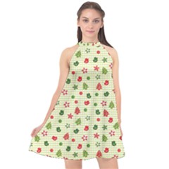 Cute Christmas Pattern Halter Neckline Chiffon Dress 