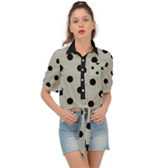 Large Black Polka Dots On Silver Cloud Grey - Tie Front Shirt  by FashionLane