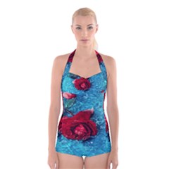 Red Roses In Water Boyleg Halter Swimsuit  by Audy