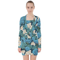 Blue Roses V-neck Bodycon Long Sleeve Dress by goljakoff