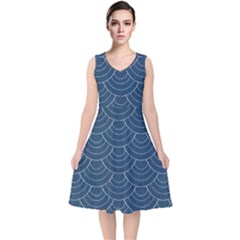 Blue Sashiko V-neck Midi Sleeveless Dress  by goljakoff