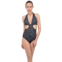 Black Sashiko Ornament Halter Front Plunge Swimsuit by goljakoff