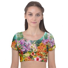 Forest Flowers  Velvet Short Sleeve Crop Top  by ArtsyWishy