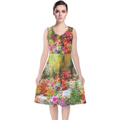 Forest Flowers  V-neck Midi Sleeveless Dress  by ArtsyWishy