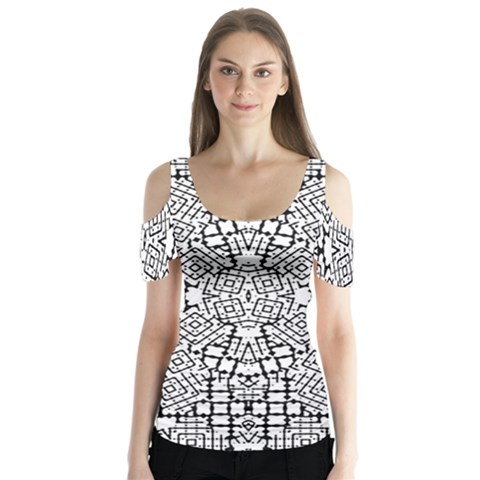 Modern Black And White Geometric Print Butterfly Sleeve Cutout Tee  by dflcprintsclothing