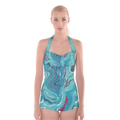 Green Vivid Marble Pattern 2 Boyleg Halter Swimsuit  by goljakoff