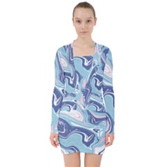 Blue Vivid Marble Pattern 12 V-neck Bodycon Long Sleeve Dress by goljakoff