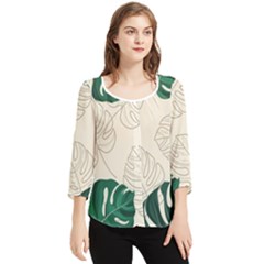 Green Monstera Leaf Illustrations Chiffon Quarter Sleeve Blouse