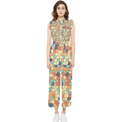 Mosaic Print Yellow Women s Frill Top Jumpsuit