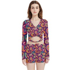 Paisley Purple Velvet Wrap Crop Top And Shorts Set