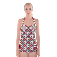 Seamless Red Pattern Boyleg Halter Swimsuit  by designsbymallika