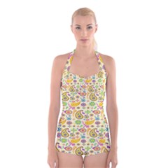 Paisley Print Yellow Boyleg Halter Swimsuit  by designsbymallika