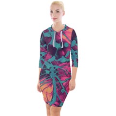 Pink And Turquoise Alcohol Ink Quarter Sleeve Hood Bodycon Dress by Dazzleway