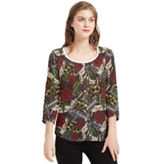 Hustle Hard Dragonfly Pattern Chiffon Quarter Sleeve Blouse