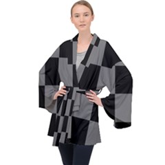 Black Gingham Check Pattern Long Sleeve Velvet Kimono  by yoursparklingshop