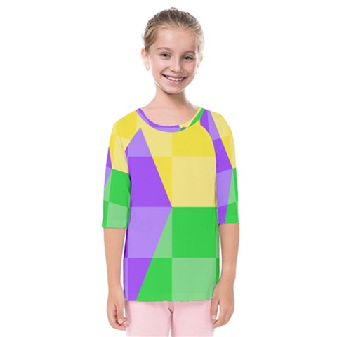 Purple Yellow Green Check Squares Pattern Mardi Gras Kids  Quarter Sleeve Raglan Tee by yoursparklingshop