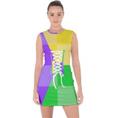 Purple Yellow Green Check Squares Pattern Mardi Gras Lace Up Front Bodycon Dress by yoursparklingshop