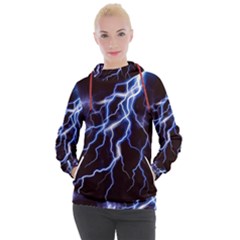 Blue Thunder At Night, Colorful Lightning Graphic Women s Hooded Pullover by picsaspassion