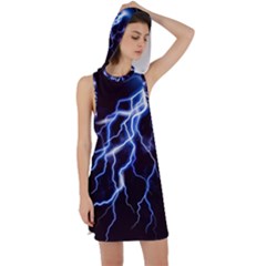 Blue Thunder At Night, Colorful Lightning Graphic Racer Back Hoodie Dress by picsaspassion