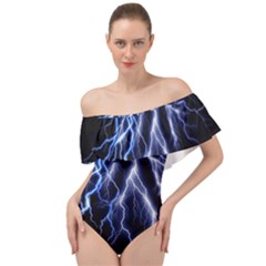 Blue Lightning At Night, Modern Graphic Art  Off Shoulder Velour Bodysuit  by picsaspassion