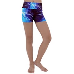 Blue Lightning Thunder At Night, Graphic Art 3 Kids  Lightweight Velour Yoga Shorts by picsaspassion