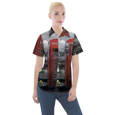 London Calling With Classic British Phonebooth - Bw & Color From Fonebook Women s Short Sleeve Pocket Shirt by 2853937