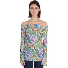 Flowers And Peacock Off Shoulder Long Sleeve Top by goljakoff