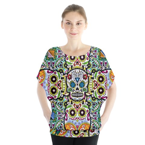 Sugar Skulls Pattern Batwing Chiffon Blouse by ExtraAwesomeSauce