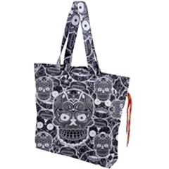 Sugar Skulls Bw Drawstring Tote Bag by ExtraAwesomeSauce