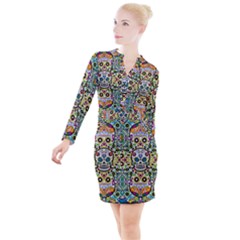 Sugar Skulls Pattern Button Long Sleeve Dress by ExtraGoodSauce