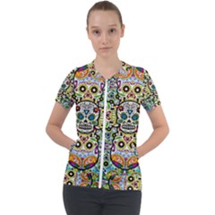 Sugar Skulls Pattern Short Sleeve Zip Up Jacket by ExtraAwesomeSauce