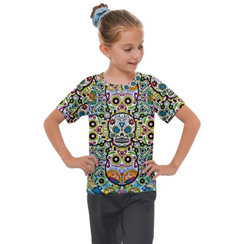 Sugar Skulls Pattern Kids  Mesh Piece Tee by ExtraAwesomeSauce