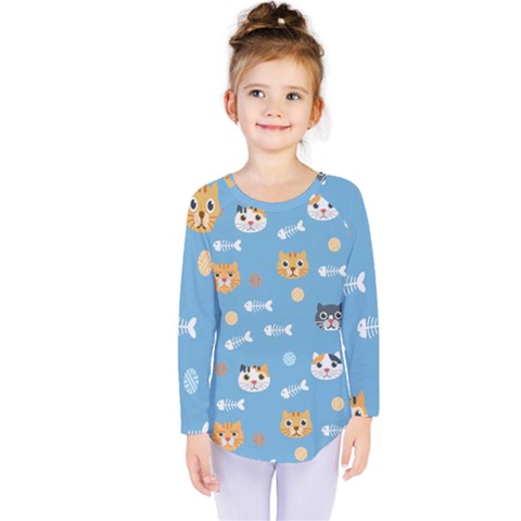 Cute Cat Pattern Kids  Long Sleeve Tee by ExtraGoodSauce