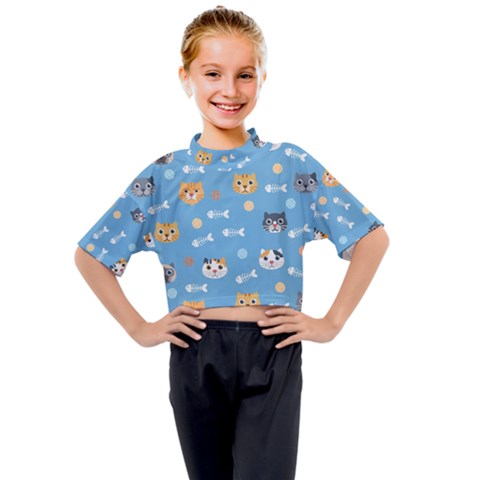 Cute Cat Pattern Kids Mock Neck Tee by ExtraGoodSauce