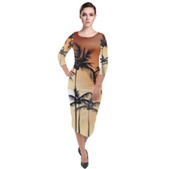 Sunset Palm Trees Beach Summer Quarter Sleeve Midi Velour Bodycon Dress by ExtraAwesomeSauce