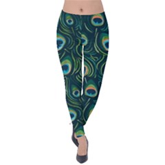 Watercolor Peacock Feather Pattern Velvet Leggings