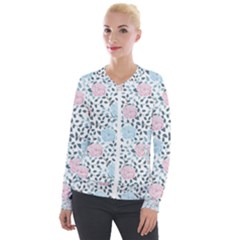 Cute Light Pink And Blue Modern Rose Pattern Velvet Zip Up Jacket by Grafftimi