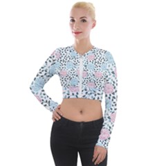 Cute Light Pink And Blue Modern Rose Pattern Long Sleeve Cropped Velvet Jacket by Grafftimi