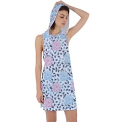 Cute Light Pink And Blue Modern Rose Pattern Racer Back Hoodie Dress by Grafftimi