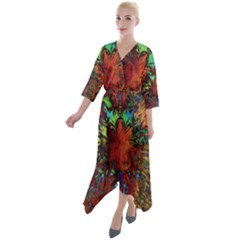 Boho Hippie Trippy Floral Pattern Quarter Sleeve Wrap Front Maxi Dress by CrypticFragmentsDesign