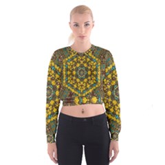 Mandala Faux Artificial Leather Among Spring Flowers Cropped Sweatshirt by pepitasart