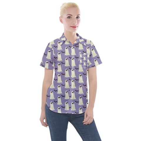 Halloween Ghost Bat Women s Short Sleeve Pocket Shirt by Dutashop