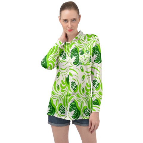 Green Leaves Long Sleeve Satin Shirt by Eskimos