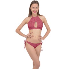 Red Sashiko Ornament Cross Front Halter Bikini Set by goljakoff