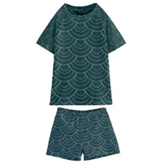 Green Sashiko Pattern Kids  Swim Tee And Shorts Set by goljakoff