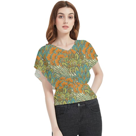 Orange Flowers Butterfly Chiffon Blouse by goljakoff